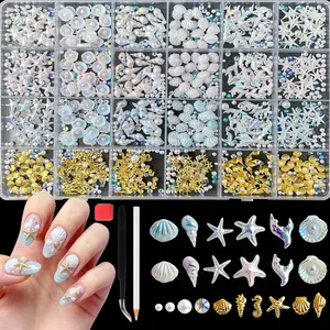 1Box Y2K Gold Shell Seahorse Mini Thin Copper Flakes Nail Charms 3D Shiny Starfish Fishtail Ocean Series Nail Decorations with Tools DIY Summer Vacation & Beach Nails Ornaments