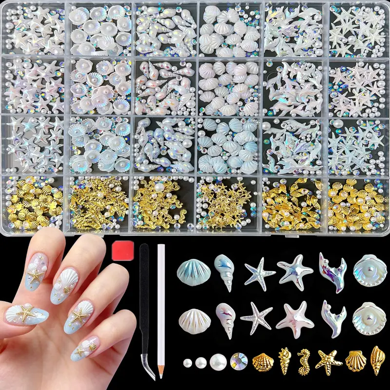 1Box Y2K Gold Shell Seahorse Mini Thin Copper Flakes Nail Charms 3D Shiny Starfish Fishtail Ocean Series Nail Art Supplies Nail Decorations with Tools DIY Summer Vacation & Beach Nails Ornaments Nail Design Nail Gems Nail Art Products
