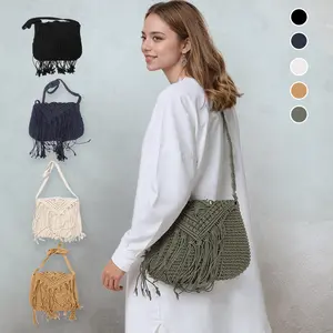 Women's Handwoven Straw Tassels Shoulder Bag, Small Solid Color Crossbody Bag with Braided Cotton Rope and Zipper Closure for Travel and Beach