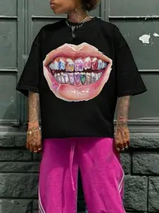 Men's Casual Fitted Soft Aesthetic Lip Print Round Neck Top, Comfortable Sleepwear and Stylish Loungewear for Summer, Modern Leisure Clothing