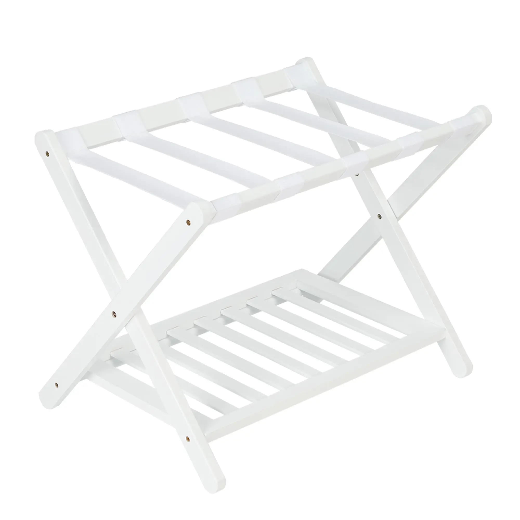 Garvee Premium Bamboo Folding Luggage Rack with Storage Shelf and Nylon Straps, Supports up to 150 lb, Fits Most Suitcases, Ideal for Bedrooms, Living Rooms, and Hotels, White Finish