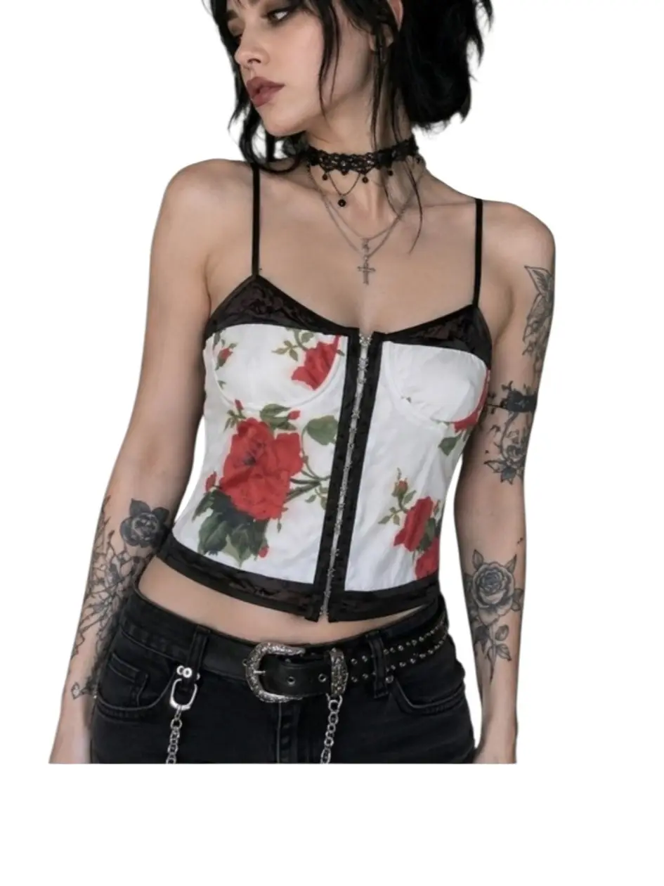 Princess Polly Floral Mesh Corset Cami Top White Red Roses Hook Front US 8