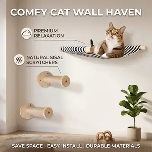 3-in-1 Wall-Mounted Cat Hammock & Scratching Posts – Space-Saving Cat Climbing Playground