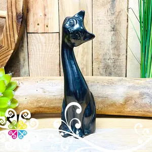 Medium Long Neck Cat Black Clay Figure - Barro Negro Oaxaca