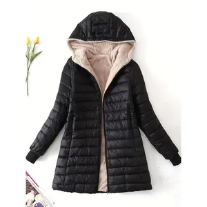1pc Women'S Casual Midi Puffer Jacket with Hood, Long Sleeve, Solid Color, Polyester, Zipper Detail, Warm Fleece Lining, Regular Sleeve, Woven - Autumn/Winter Collection