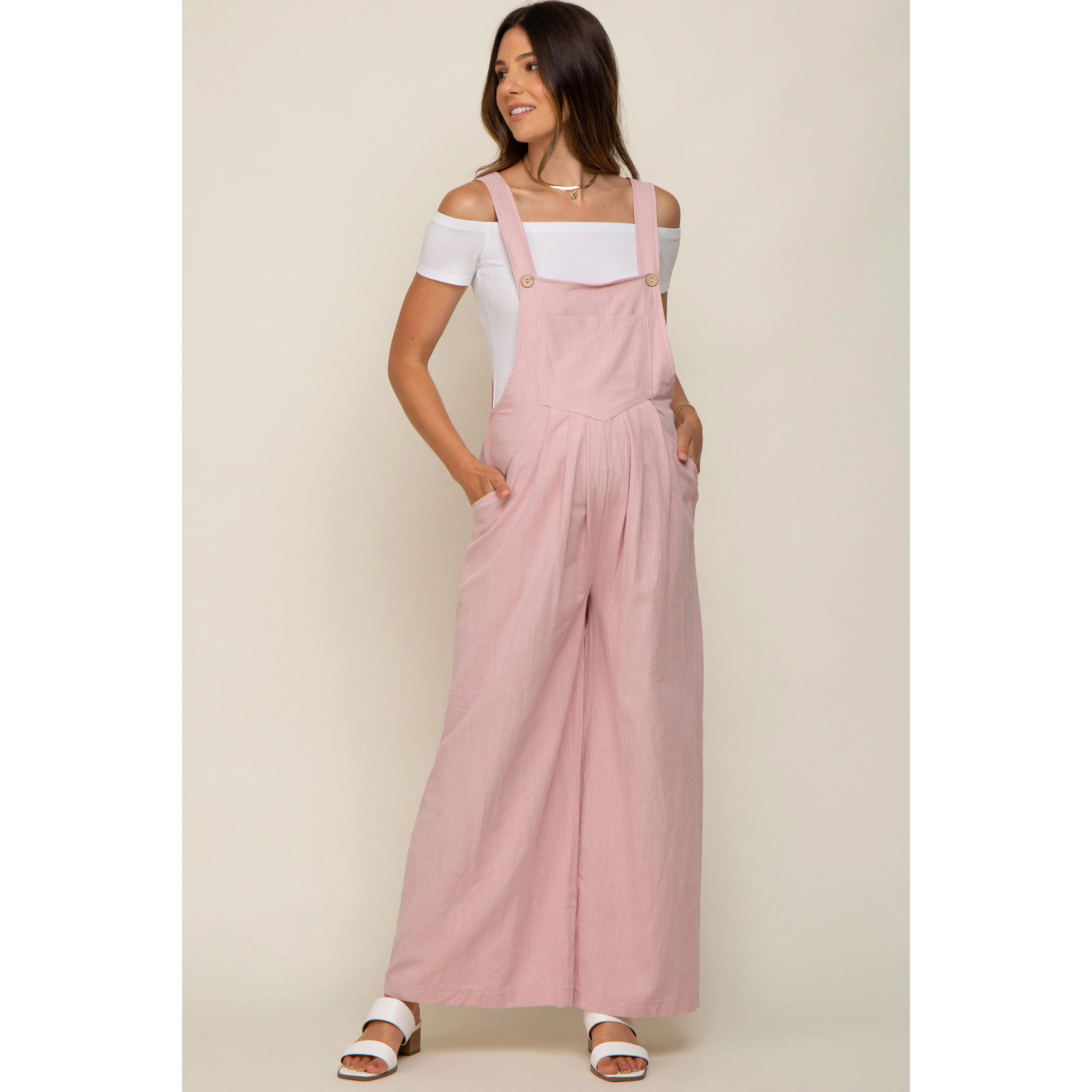 Light Pink Front Pocket Pleated Linen Maternity Overall