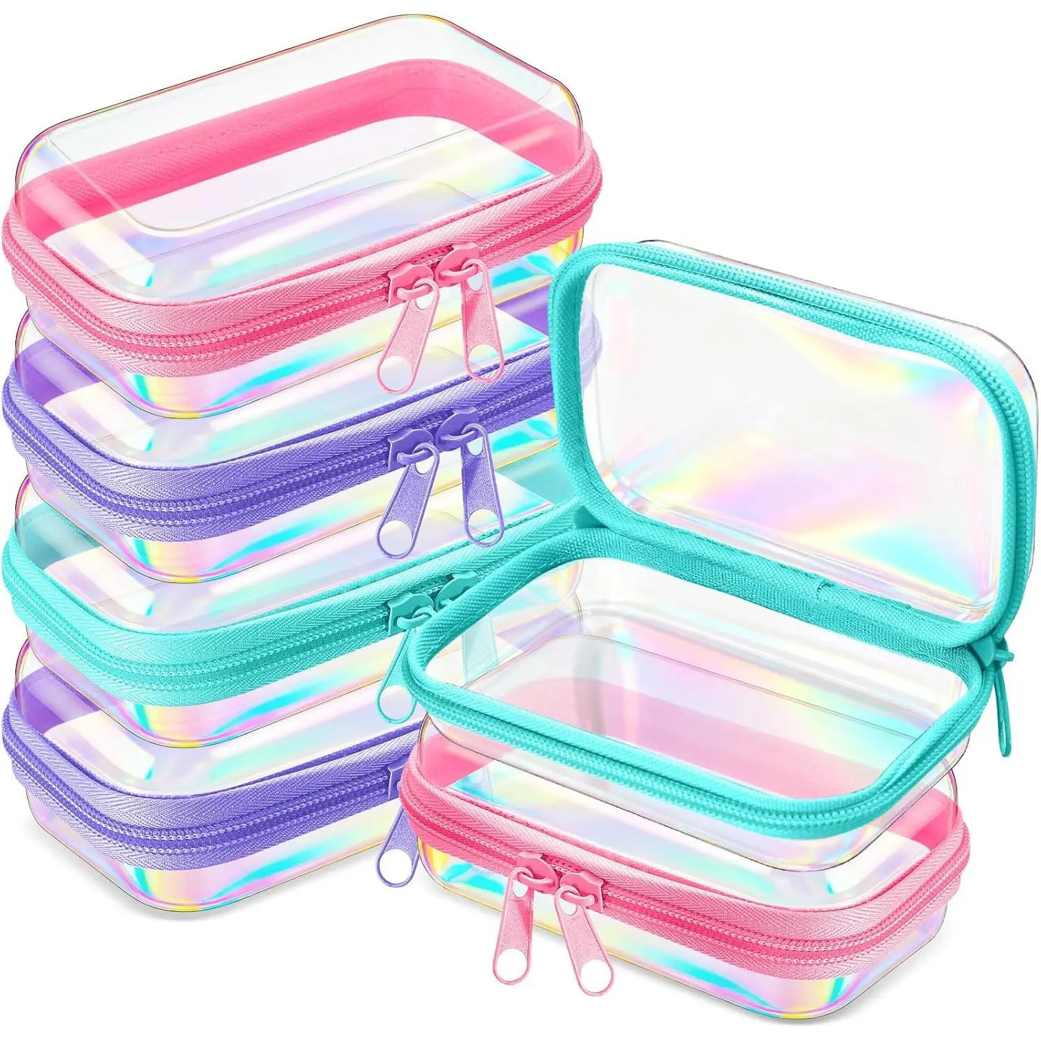 6 Pcs Clear Hard Zipper Case Plastic Zipper Pouches Transparent Makeup Bag Pencil Case Pouches Toiletry Diaper Bag for Travel Toy Storage Organizer Bins(Holographic,5 x 3 x 2 Inch),dorm essentials,home decor