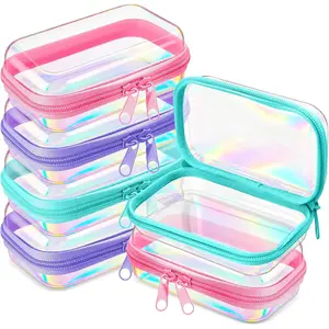 6 Pcs Clear Hard Zipper Case Plastic Zipper Pouches Transparent Makeup Bag Pencil Case Pouches Toiletry Diaper Bag for Travel Toy Storage Organizer Bins(Holographic,5 x 3 x 2 Inch)