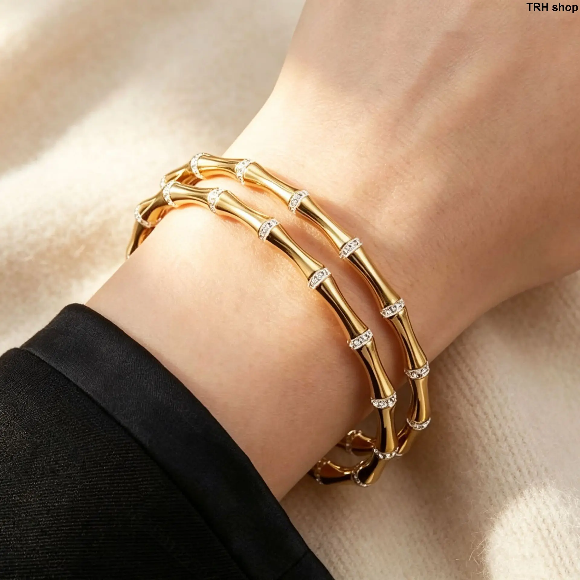 Women’s Unisex Gold-Plated Rhinestone-Inlaid Bamboo Joint Titanium Steel Open Cuff Bangle - Plain, Color-Retaining High-End Fashion Costume Jewelry for Daily Dating, Evening Wear