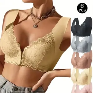 6 Pcs, Plus Size 1XL-7XL Lace Decor Sports Bra Set With Front Buckle, Seamless, Push-up, Stretchy, Breathable Underwear, 6 Pcs Set, Floral Lace Detail, No Steel Ring, Adjustment, Gathering, Front Closure, Women's Solid Color Sports Bra, Yoga Bra Top