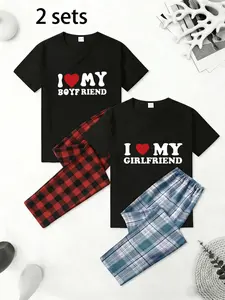 Couples Matching Pajamas Set I Love My Boyfriend Girlfriend Graphic Tee Plaid Pants Loungewear Sleepwear for Him Her Casual Comfort Nightwear Couple Matching Outfits Trendy TikTok Viral Cozy Loungewear Set