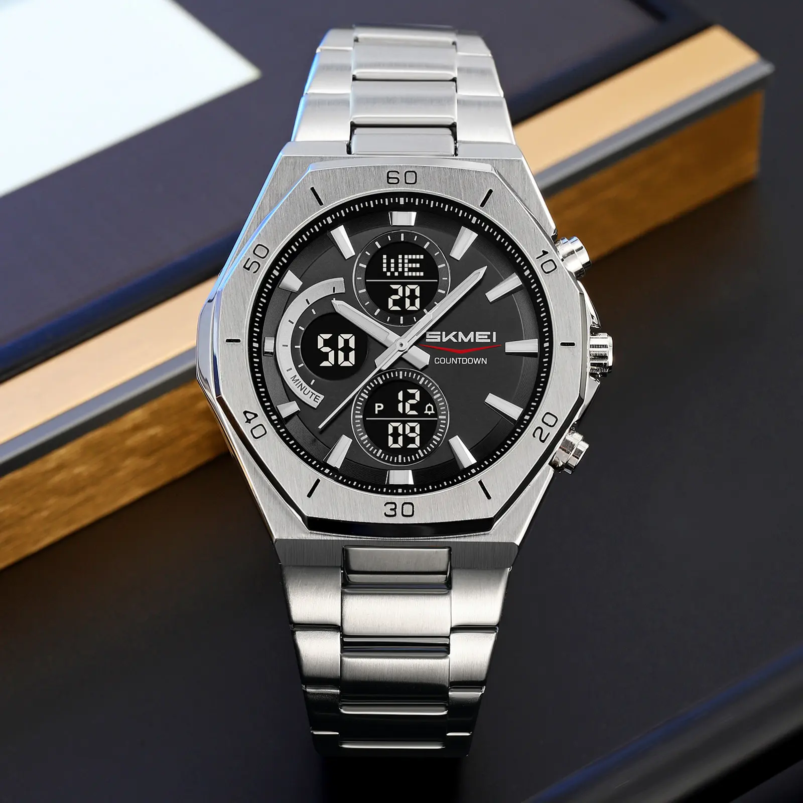 Men's Steel Band Chronograph Watch with Quartz Dual Movement, Waterproof Luminous Dial, Alarm, and Week Display, Luminous Dial Watch, Quartz Chronograph, Round Face, Black Shell Black Face - Black Device