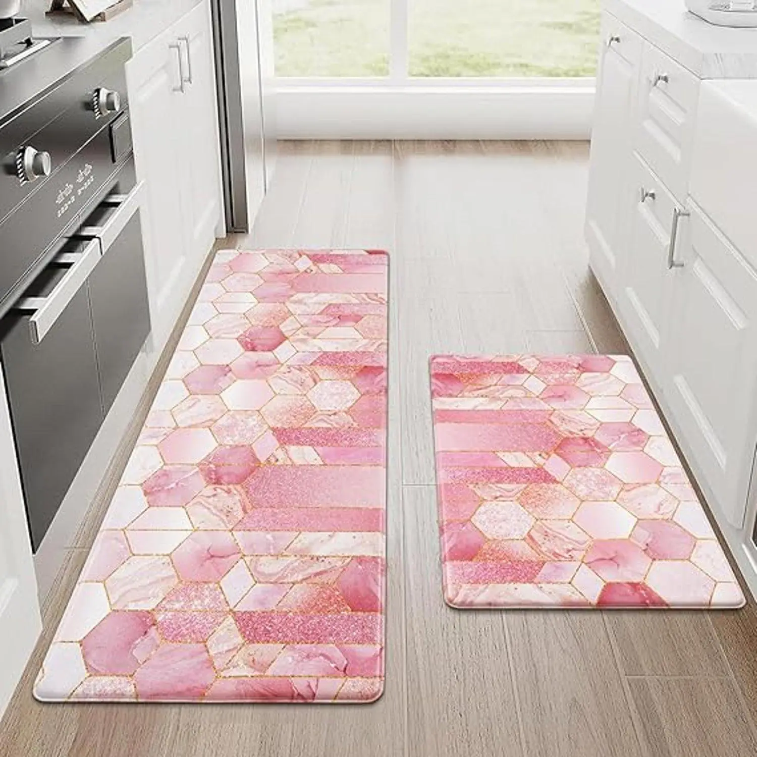 Flannel Marble Hexagonal Geometric Gold Line Inlaid Kitchen Floor Mat
