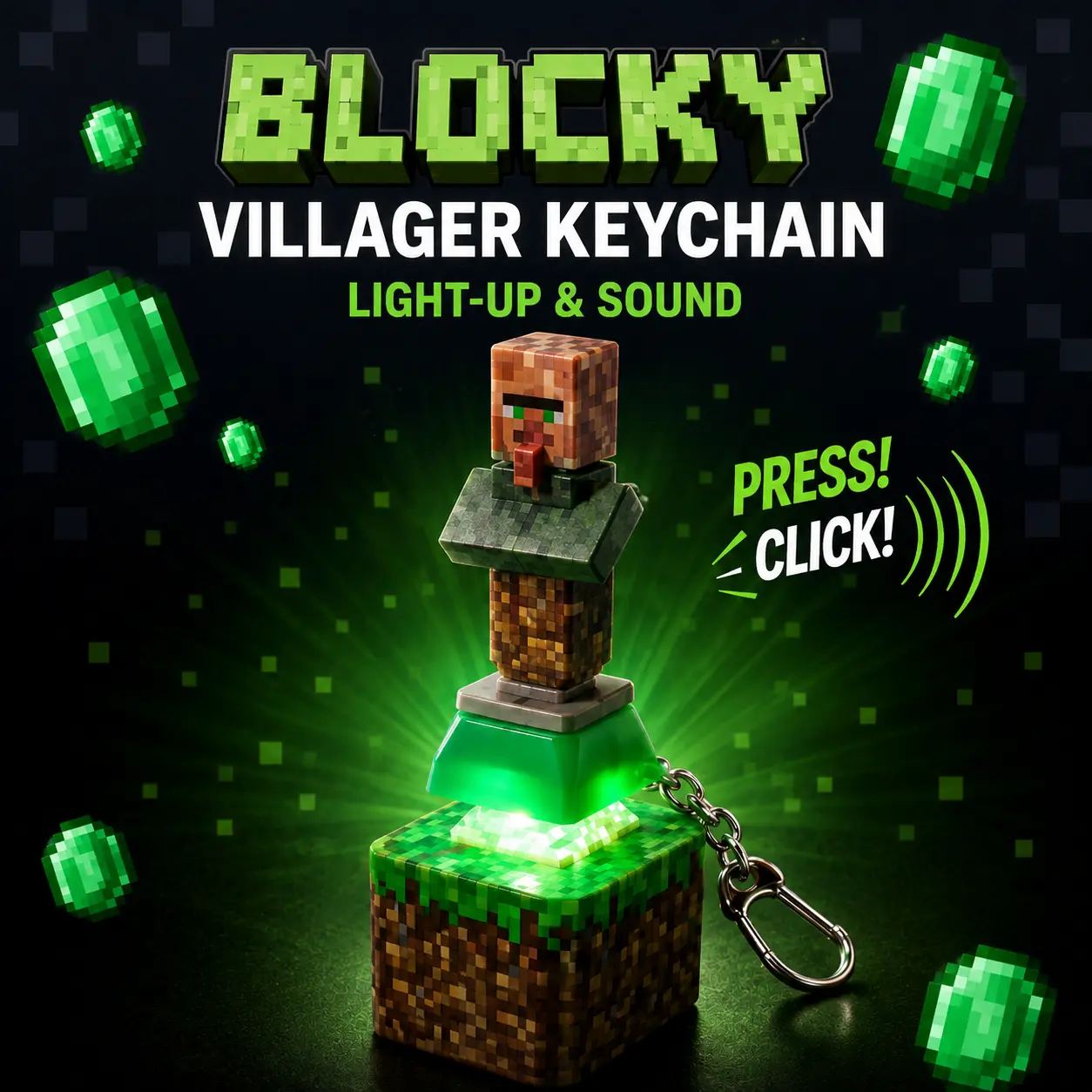 Light Up Sound Keychain, Blocky Character Fidget Keychain with Press to Click Feature, Fun Backpack & Keychain Accessory for Gamers, Kids & Teens