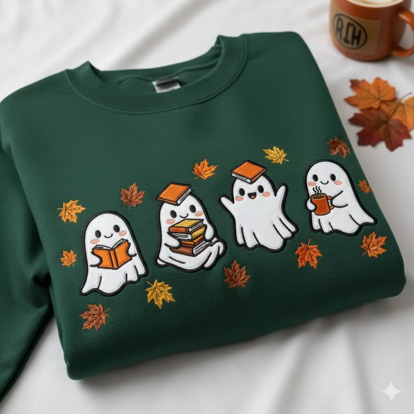 EMBROIDERED Cute Ghosts Reading Books Autumn Embroidered Shirt, Reading Ghost Sweatshirt, Autumn Sweater, Halloween Gift For Bookish