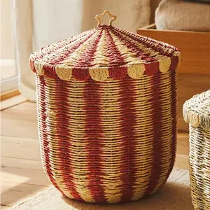 Rattan circus striped storage basket, laundry hamper, woven basket for home use, children's room toy organizer and storage box
