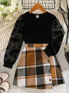 Two-Piece Set Girl's Contrast Mesh Long Sleeve Top & Plaid Print Skirt Set, Elegant Fashion Casual Round Neck Top & A-Line Skirt for Daily Outdoor Wear, Girls Set for Spring Fall, Fashion Clothes Set, Skirts Sets