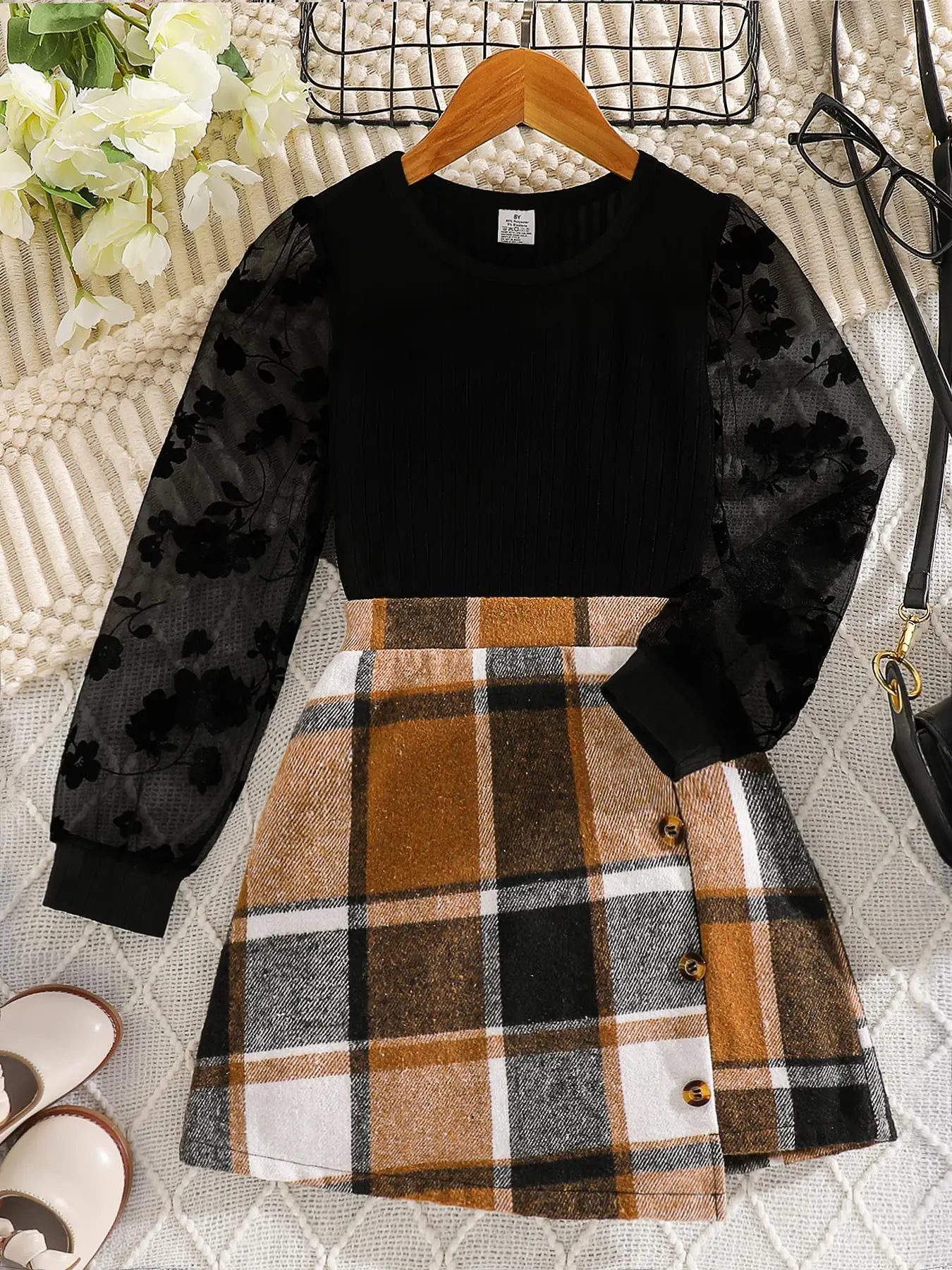 Two-Piece Set Girl's Contrast Mesh Long Sleeve Top & Plaid Print Skirt Set, Elegant Fashion Casual Round Neck Top & A-Line Skirt for Daily Outdoor Wea
