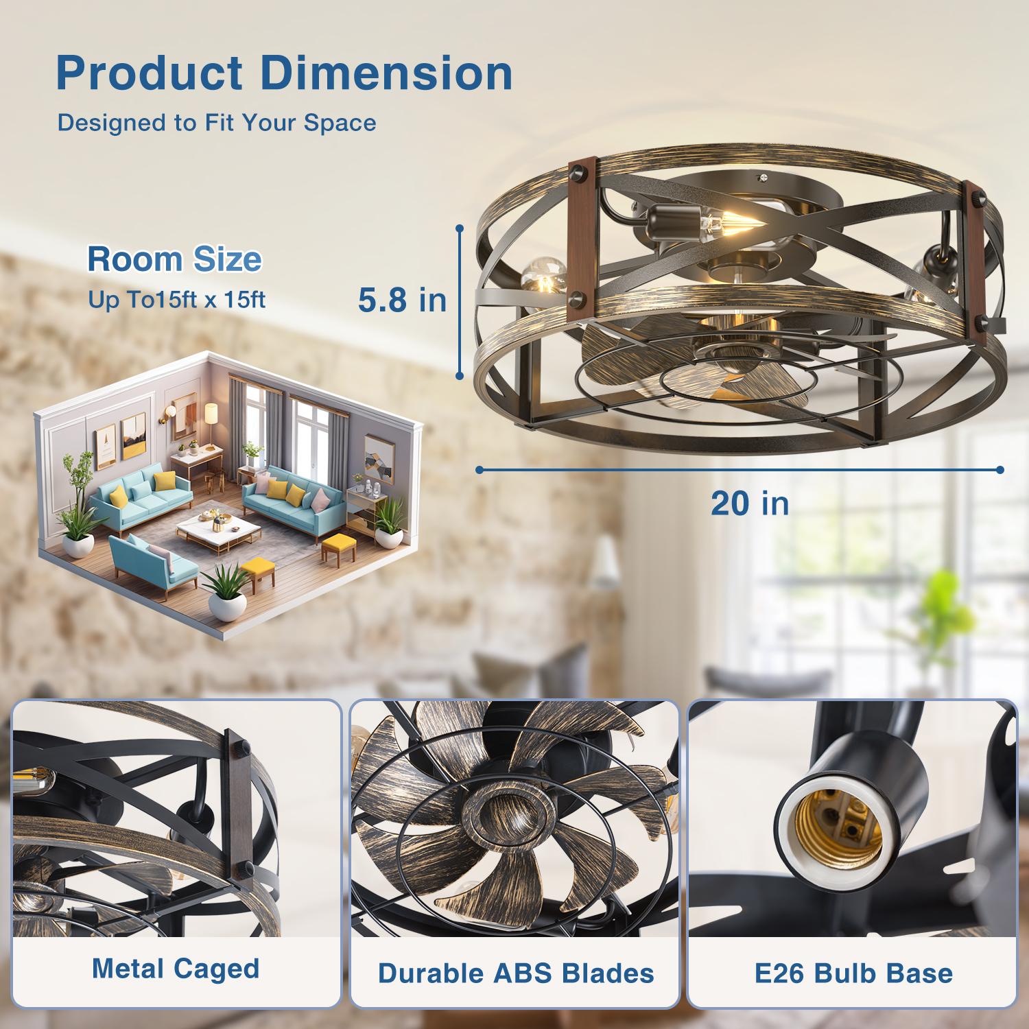 20" Caged Ceiling Fan with Light and Remote, Low Profile Flush Mount Fandelier, Black Bladeless Enclosed Small Fan Lights Ceiling Fixtures, Rustic Farmhouse Style for Bedroom, Outdoor