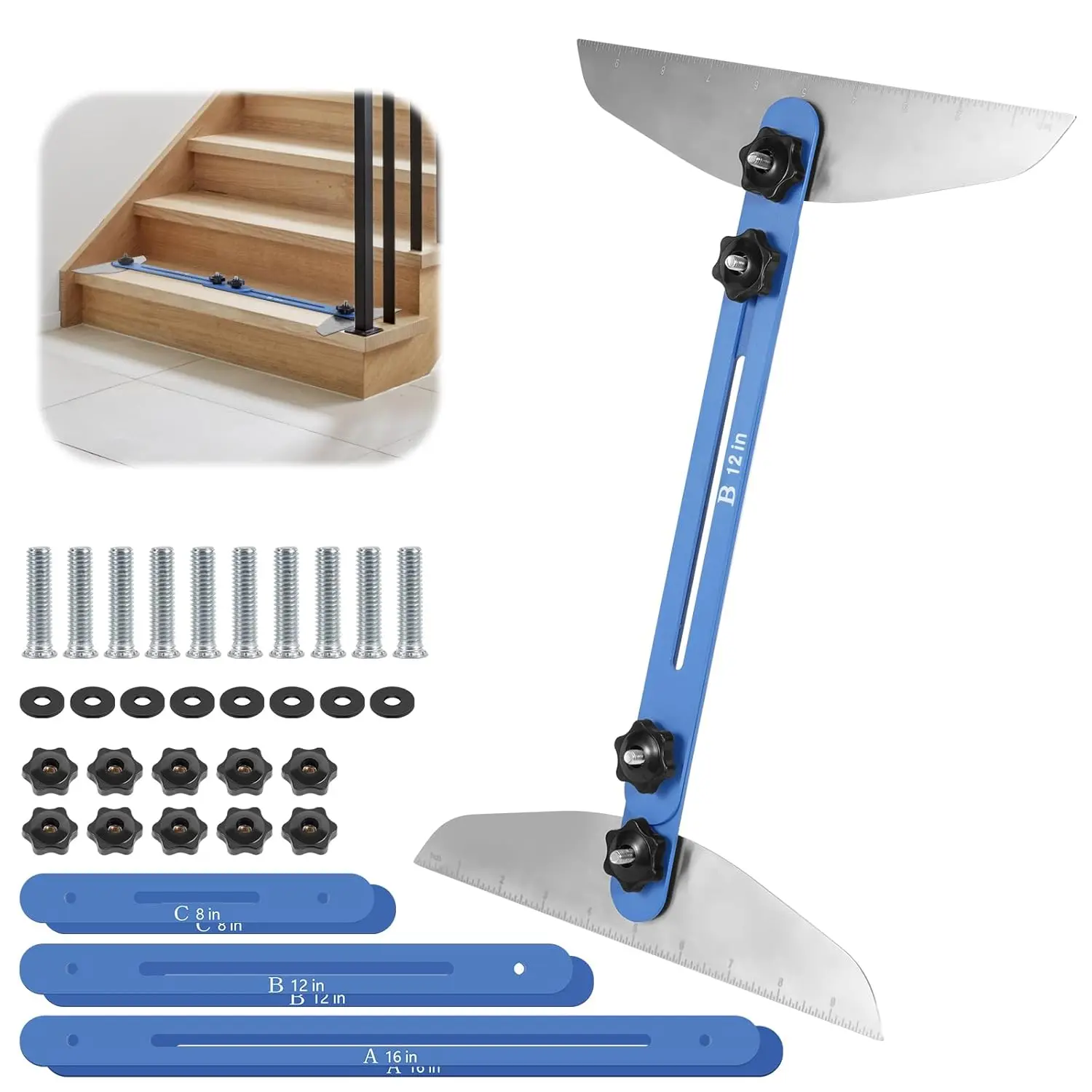 Stair Tread Template Tool, 11- to 60-in. Length Stair Tread Jig for Accurately Measuring Angle and Length, Adjustable Measurement Ruler, Shelf Scribe Layout Tool for Stairs, Shelf, and