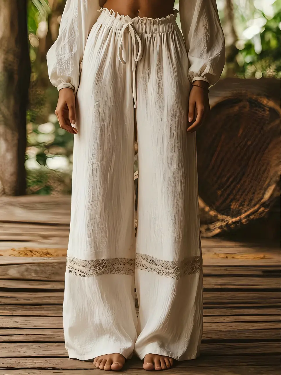 Women's solid color design ruffled lace patchwork casual pants, suitable for everyday commuting, home, leisure, and vacation.