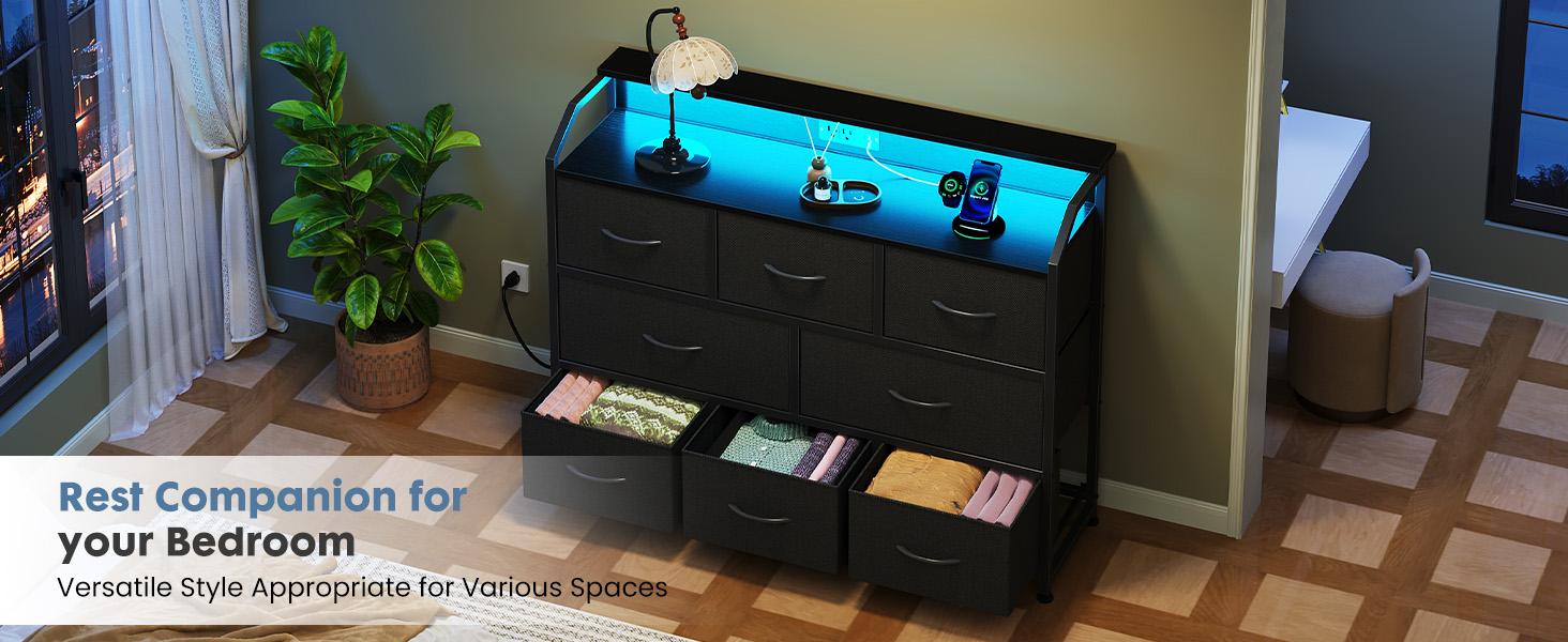 8 Fabric Drawers Dresser with Power Outlets LED Light, Multifunctional TV Stand Storage Cabinet for Bedroom, Living Room, Office, Hallway