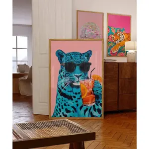 Blue Leopard With Aperol Maximalist Oil Painting, Colorful Dopamine Bar Poster, Trendy Kitchen Print, Dining Room Decor Living Room Bedroom And Study Decor + Vibrant Pop Art Style Statement