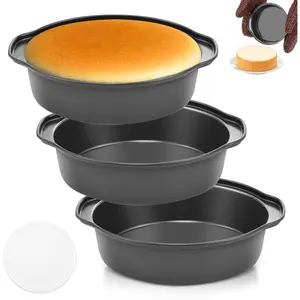 6 Inch Cake Pans - 3 count Carbon Steel Cake Pan with 200  Papers, Round Cake Pans with Handle, Nonstick & , Easy Demolding & Dishwasher Safe