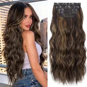 [ KooKaStyle ] Clip in Long Wavy Synthetic Hair Extension 20 Inch 4PCS Balayage Dark Brown to Chestnut Hairpieces Fiber Thick Double Weft Hair Extension for Women