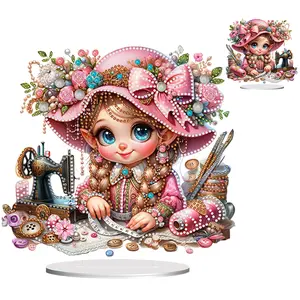 2D Flat Print Sewing Machine Girl DIY Double-Sided Printed Single-Side Drill Diamond Painting Tabletop Ornaments Kit Table Top Diamond Painting Ornament Kits for Home Office Desktop Decor