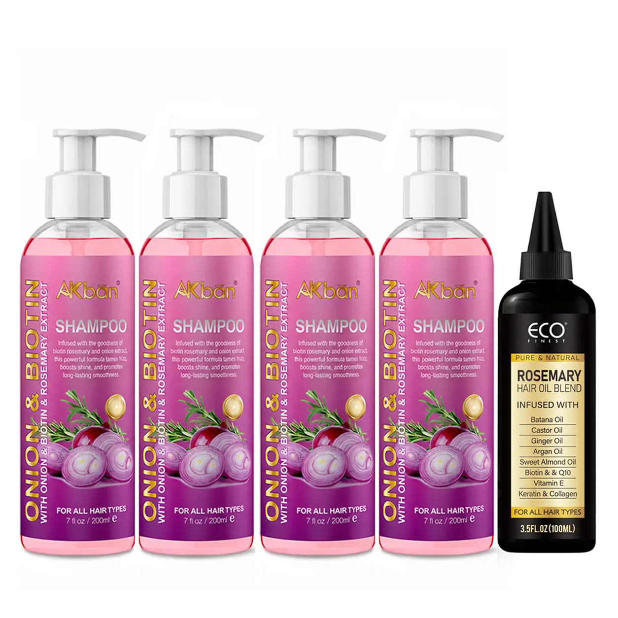 Buy 1 Get 1 Free | AKBAN Onion Biotin Shampoo Set with Rosemary Blend Hair Oil, Hair Growth & Repair