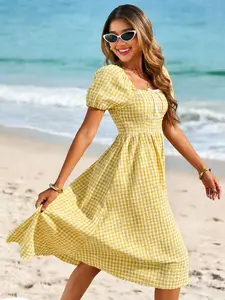 Vintage French Blue & White Gingham Square Neck Puff Sleeve Tie-Front Waist-Cinched Cottagecore Vacation Midi Dress Chill Coastal Blue & White Gingham Square Neck Puff Sleeve Tie-Front Waist-Cinched Casual Beach Midi Dress