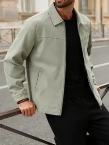 Men's Casual Jacket, 100% Polyester Fiber, Zipper Closure, Collar Design, Spring & Fall Plain Outerwear, Slim Fit