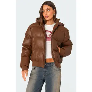 Wintry Faux Leather Hooded Puffer Wintry Faux Leather Hooded Puffer