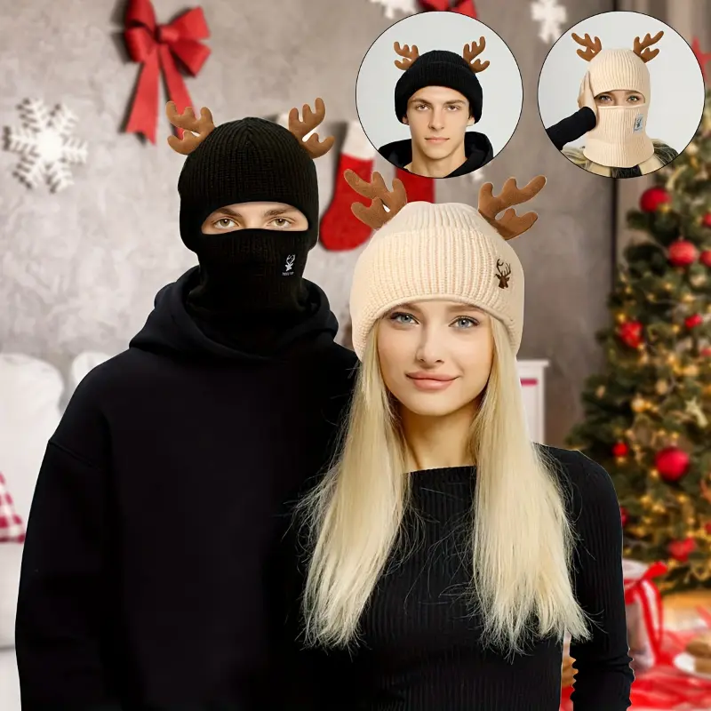 1pc Funky Fleece-Lined Warm Winter Christmas Reindeer Antler Hat - 2-Way Wear Design, 100% Polyester, Hand Wash or Dry Clean, Couple Gifts Fashion Accessory, Two-Way Wear