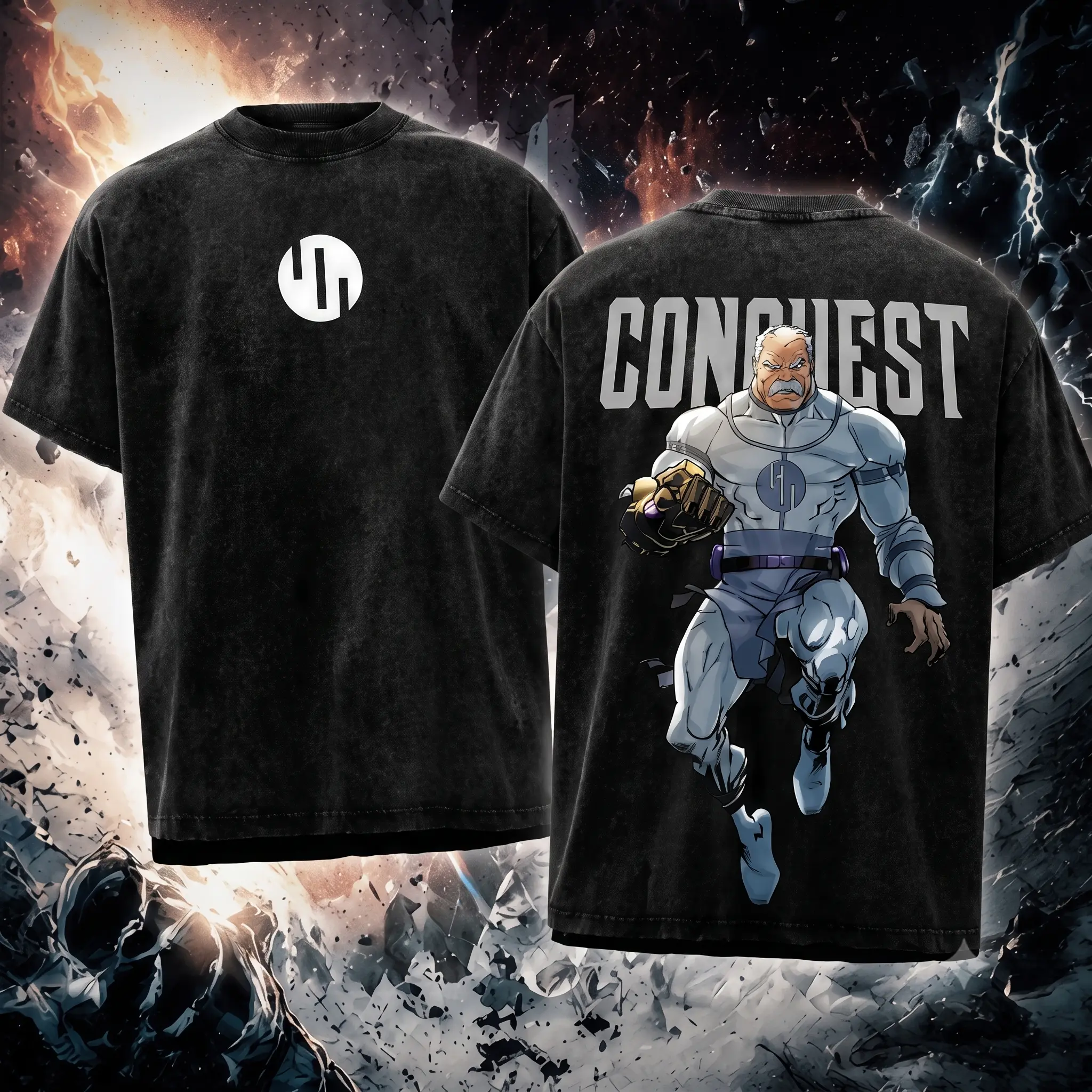 Vintage Washed Conquest x Invincible Anime Graphic Cotton Crew Neck T-Shirt - Double-Sided Print, Casual, Lightweight, Fashion Retro Streetwear Oversized Tee for Men & Women Comic Apparel, S, 3Xl, Short, Cargo, Round Neck, Tops, Graphic Tee Addict