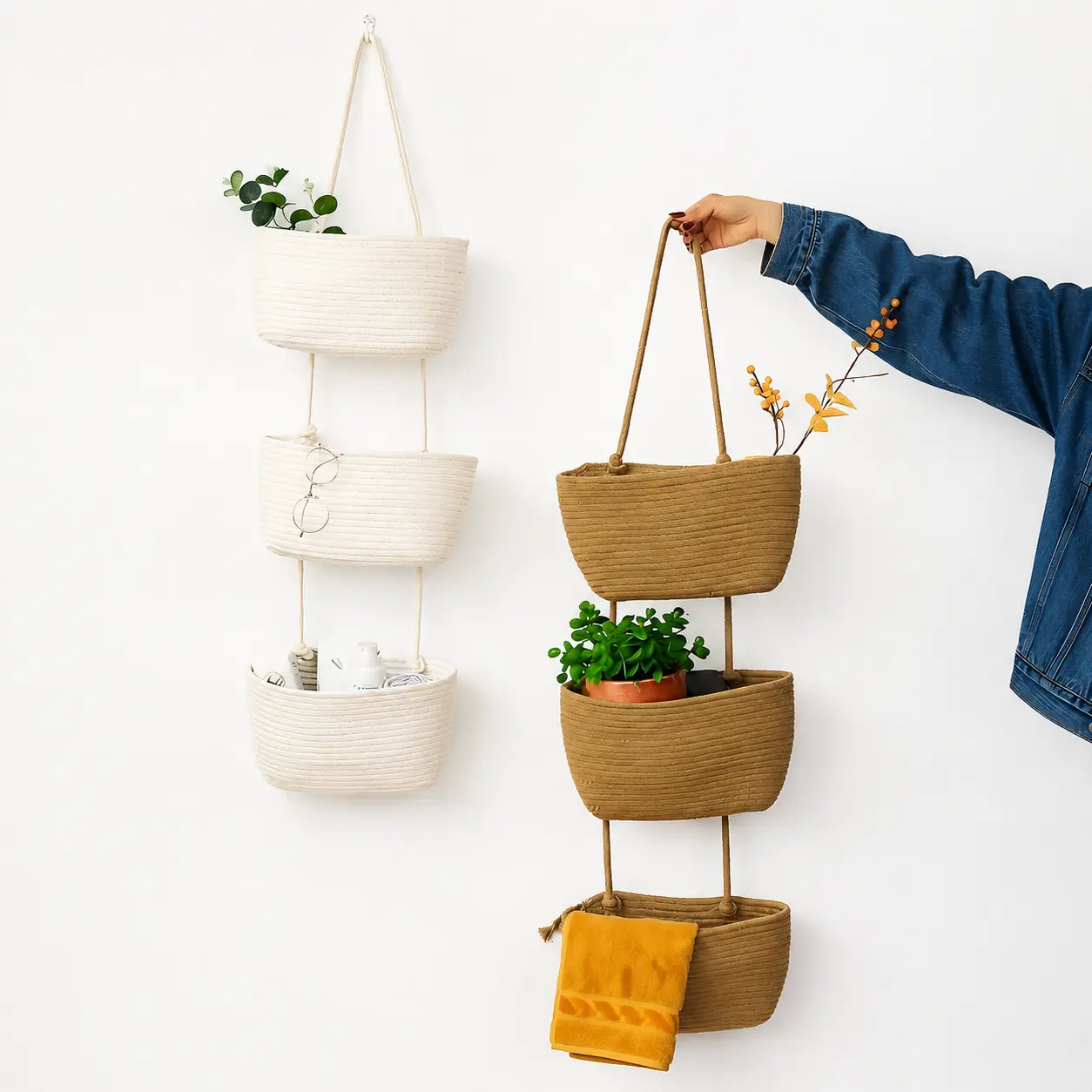 Woven cotton 3-Tier Hanging Basket, Wall-Mounted Jute Bathroom Storage Organizer – Decorative Nursery Baskets, Perfect for Busy Mom/Dad to Store Diapers & Toys small basket Gift Hook laundry basket house organizers