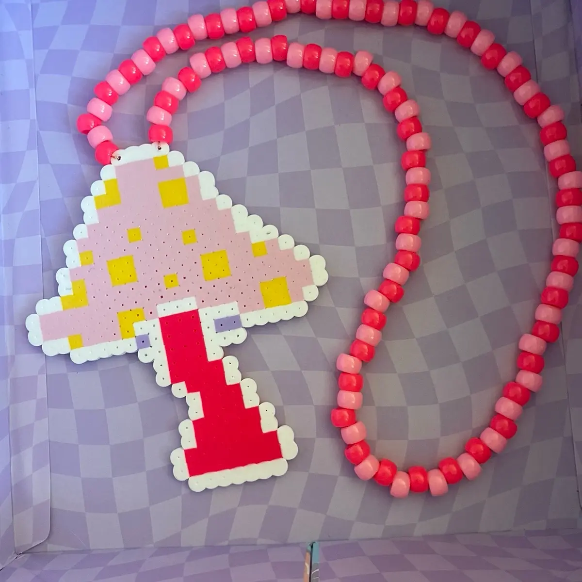 Pink And Yellow Mushroom Rave Kandi Necklace - Perler Trippy Festival Wear - Pixel Art Jewelry