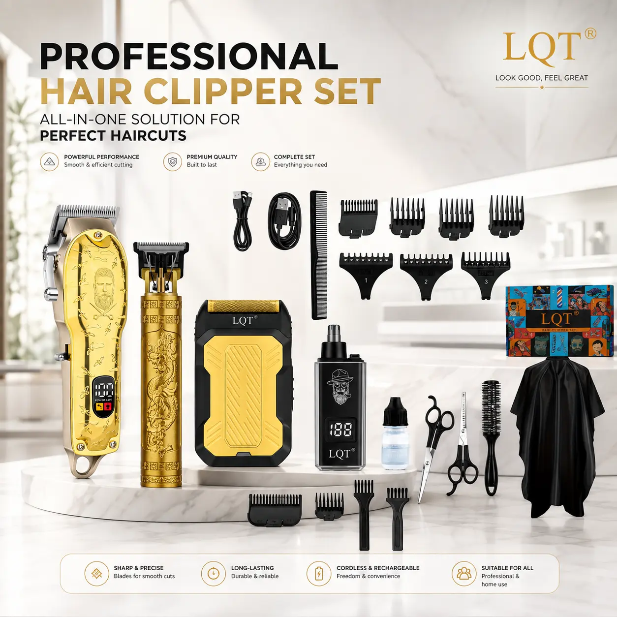 Men's 4-Piece Professional Cordless USB Rechargeable Hair Clipper & Trimmer Barber Kit - LCD Display, Adjustable Blade, 9mm/12mm Settings, Travel Size, for Family, All Hair Types, Haircut & Styling