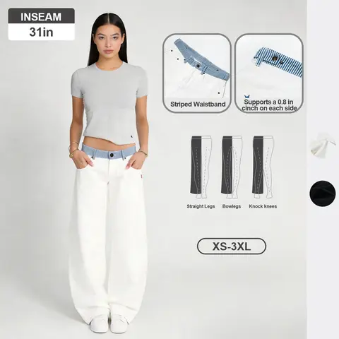 Pwest NYC Jodie Adjustable Low Rise Loose Barrel Leg Jeans — Y2K Minimalist Style, Adjustable Snap Buttons, Super Low Rise, Color-Blocked Waistband, Loose-Leg Cut, Decade Jeans, Soft Daily Wear, Back to School, Back to School Haul, Sohochic