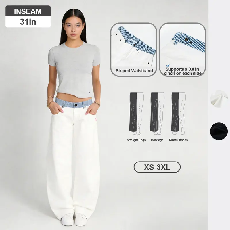 Pwest NYC Jodie Adjustable Low Rise Loose Barrel Leg Jeans — Y2K Minimalist Style, Adjustable Snap Buttons, Super Low Rise, Color-Blocked Waistband, Loose-Leg Cut, Decade Jeans, Soft Daily Wear, Back to School, Back to School Haul, Sohochic
