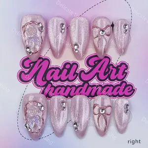 Delicatething Y2K Style Almond Shape Nail Tips, Handmade with Cat Eye and Bow Design, 3 Sizes S M L, Perfect Gift for Girls, Glittering Fake Nails