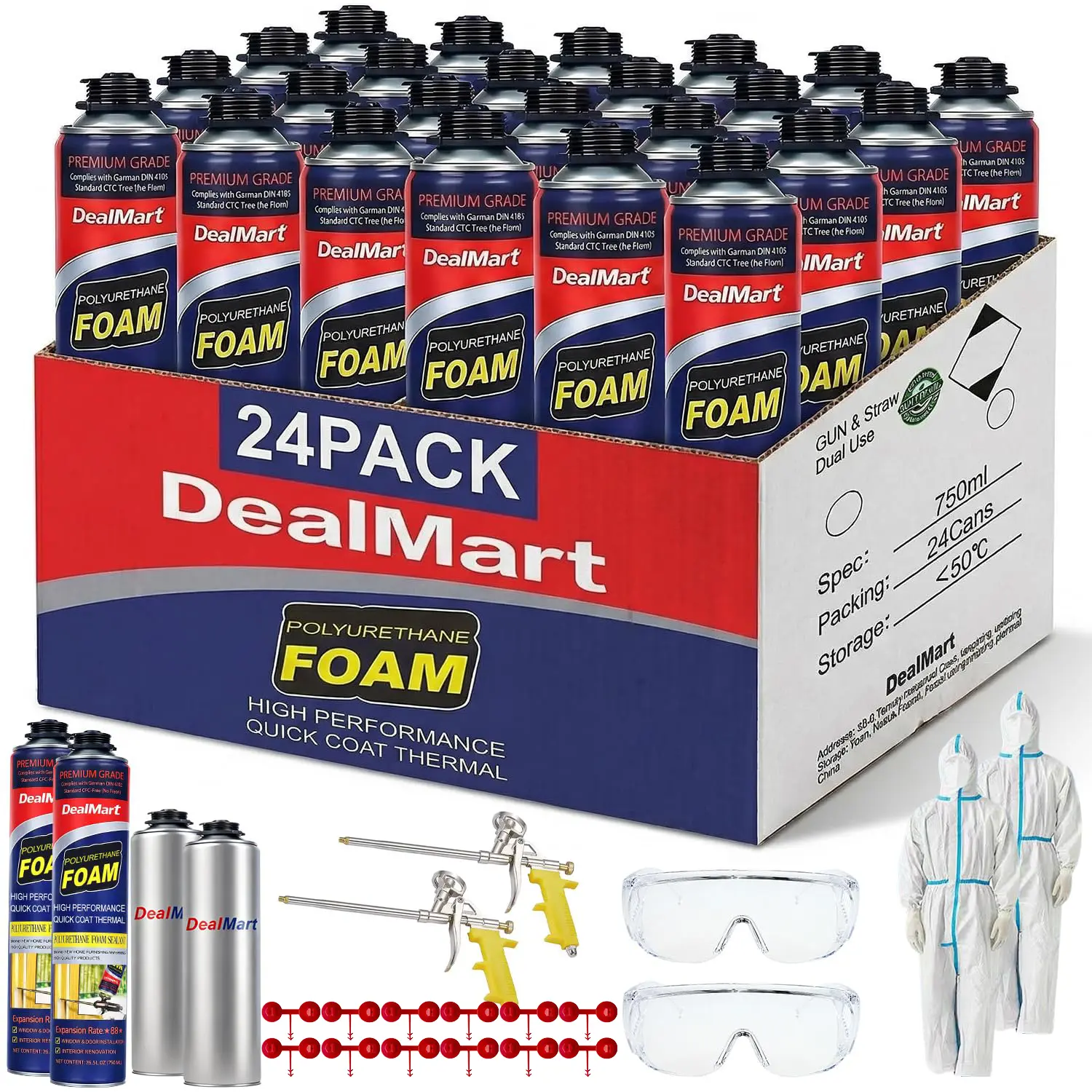 24-Pack Boxed Closed Cell Wide DIY Spray Foam Insulation Kit (24x26.5 oz/480 Board Ft, R-Value 5.66), Self-Expanding Polyurethane Insulation with Gun, Cleaner & Gloves, Seals Gaps for Walls/Attic