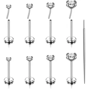 8Pcs 18G 20G Flat Back Earrings 316L Surgical Steel Threadless Tragus Cartilage Nose Stud Push Pin Lip Stud Rings Medusa Piercing Jewelry Hypoallergenic