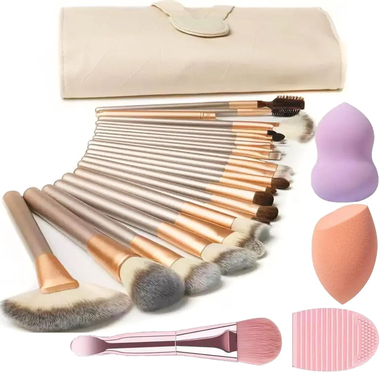 28PCS Complete Makeup Brush Kit with Case, Professional Synthetic Brushes Set with Beauty Blender Sponges and Cleaning Accessories for Face & Eye Makeup
