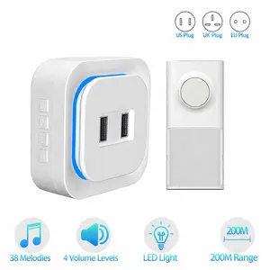 Wireless Doorbell, Self-powered Doorbell with Extra Socket, No Battery Required Push Button, Cordless Door Bell Ringer, 0-110db Plug-through Wireless Doorbell Ringer for Homes Classroom, IP66 Waterproof, 1300ft Door Chime, 38 Chimes, 1 Button & 1 Receiver