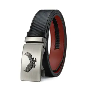 Men’s leather automatic ratchet belt featuring a silver sharkskin head, an embossed eagle motif, and carbon fiber texture woven into the body; it’s a sturdy, stylish belt suitable for work and weekends — an excellent gift for Valentine’s Day and Father’s