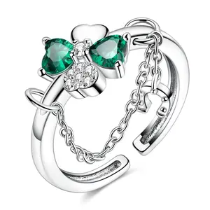 NARMO Lucky Four Leaf Clover Horseshoe Tassel Chain Open Ring, S925 Silver Plated White Gold Plated and Shiny CZ, a meaningful gift for birthday, anniversary, graduation, Valentine's Day