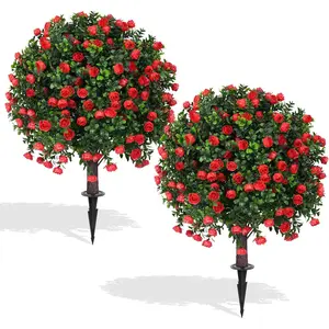Artificial Boxwood Topiary Ball Trees with Red Rose, 2 Set of 16''   Evergreen Shrubs Bushes  with Ground Spike   for Outdoor Indoor Front Porch Garden