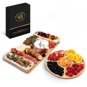Bambüsi Charcuterie Board Gift Set - Large Bamboo Cheese Board & Serving Tray with Built-in Grooves & Cutout Handles - Perfect Wedding & Housewarming Gift
